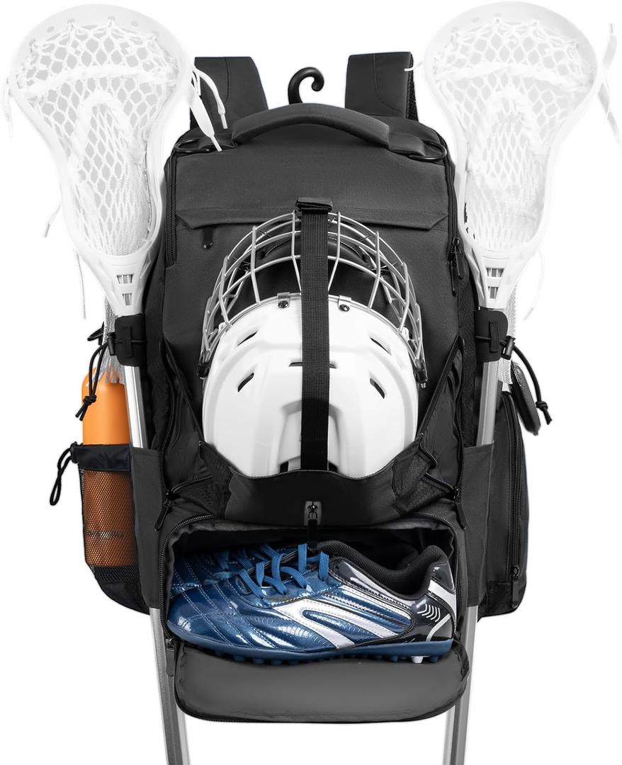 Himal Outdoors Lacrosse Bag with Helmet Storage- Premium Lacrosse Backpack with Two Stick Holder- Extra Large Separate Shoe Compartment-Zipper Pocket & Towel Ring and Padded Shoulder Straps (Deep black)