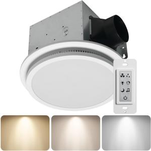 Homewerks 7130-20-BT Humidity Sensor Bathroom Fan with Color Changing LED Light and Bluetooth Speaker 110 CFM 1.5 Sones 3 Temperatures 3000K 4000K 5000K 1000 Lumens With Wall Switch