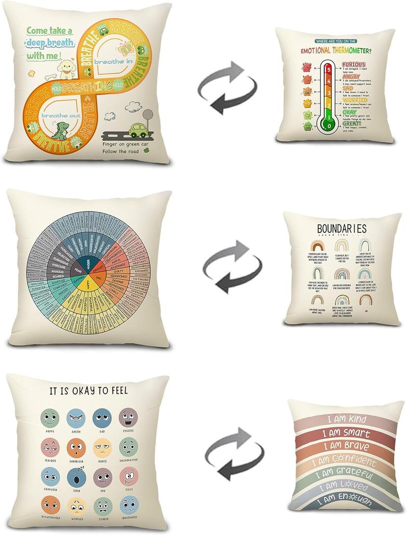 Feelings Wheel Pillow Double-Sided Printed with Different Patterns of Feelings Wheel Pillowcase, Reading Corner Decor, Counseling Office Decor18 x18 (3, Yellow) (Beige)