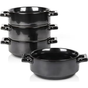 vicrays Ceramic Soup Bowls with Handles, 24 Oz Porcelain Soup Crocks for French Onion Soup, Cereal, Beef Stew, Chill, Pasta, Pot Pies, Microwave and Oven Safe, Set of 4 (Black)