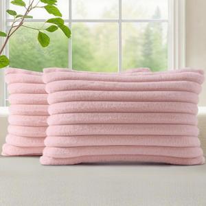 DecorUhome Cozy Faux Fur Throw Pillow Covers 12x20 Set of 2 Decorative Soft Plush Striped Lumbar Modern Farmhouse Boho Couch Pillow Cases with Velvet Back for Sofa Bed Living Room Valentines, Pink