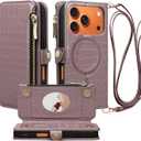 Crossbody Wallet Case for iPhone 17 Pro with Mirror, Wrist Strap, Zipper Purse Magnetic Flip, RFID Blocking Card Holder, Wireless Charging, PU Leather Shockproof 6.3" Women (Rose Gold)