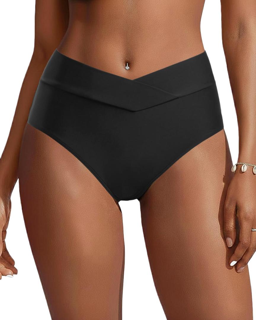 Zmart Womens High Waisted Bikini Bottoms - V Cut Full Coverage Bathing Suit Swimsuit Bottom with Twist Front (Large, Black)