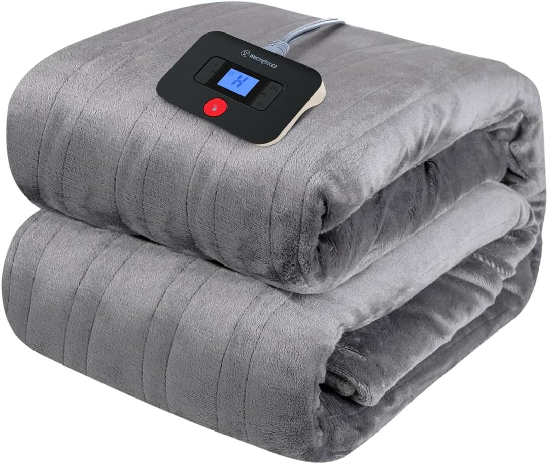 Westinghouse Electric Blanket Twin Size, Super Cozy Soft Flannel 62"" x 84"" Heated Blanket with 10 Fast Heating Levels & 1-12 Auto-Off, Machine Washable, ETL&FCC Certification, Light Grey