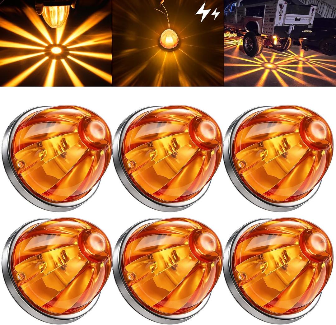 6PCS Amber Watermelon Lights for Semi Truck Trailer, Dual Mode Steady & Strobe Cab Marker Roof Clearance Lights, Durable ABS Lens Amber LED Water Melon Light for Kenworth Peterbilt Freightliner Trucks