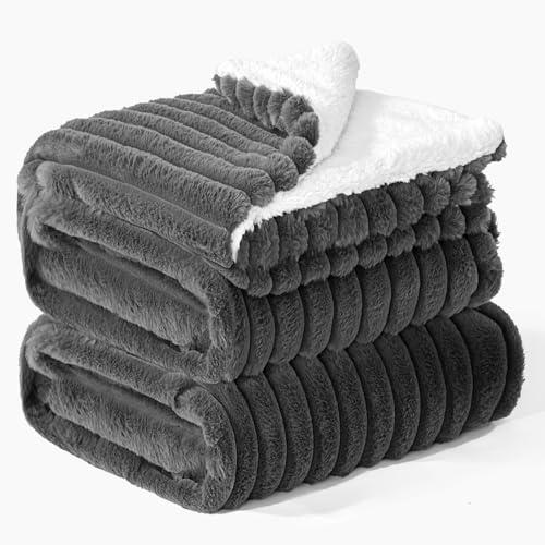 INFIIXSO Sherpa Fleece Queen Size Blanket - Super Soft & Warm Striped Fleece, Cozy Plush Fluffy Large Bed Blanket All Season Use (Grey, 90x90 Inches