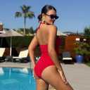 ELUWE Women's Textured Cutout One Piece Swimsuit - Halter Monokini Tummy Control Bathing Suit Slimming (Red, M)