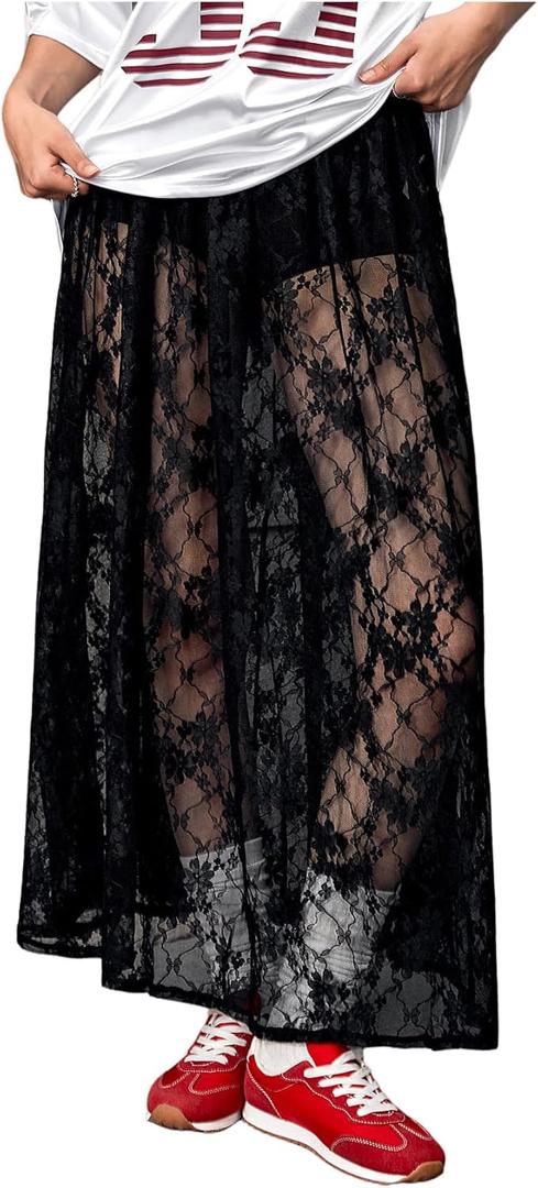 Verdusa Women's See Through Lace Skirts Elastic High Waist Sheer A Line Long Skirt (Medium, Black)