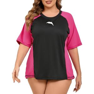 Halcurt Women's Plus Size Short Sleeve Rash Guard Swim Shirt with Built in Bra UPF50+ Lightweigt Swimsuit Top