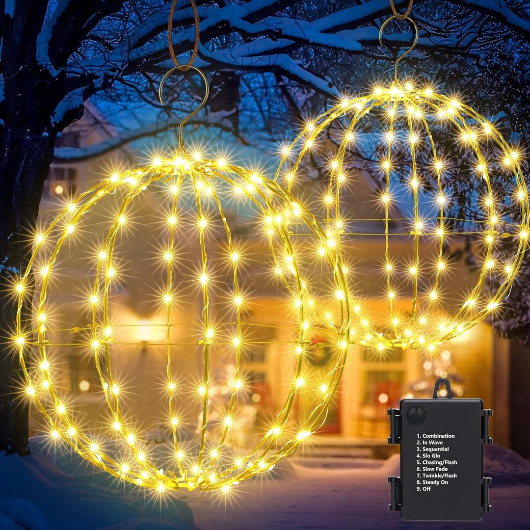 Flacchi Set of 2 Outdoor Hanging Ball Lights - 2 Sizes of Christmas Battery Operated Garden Lanterns Waterproof Globe Fairy Lights with 8 Lighting Modes Timer Memory Function (Warm White)