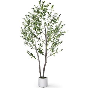 Artificial Olive Tree 5FT, Faux Olive Tree with Natural Trunk & Realistic Leaves & Fruits, Fake Olive Tree with White Planter, Artificial Plant for Home Decor & Housewarming Gift, 1 Pack