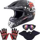Adult Motocross Dirt Bike Helmet with Goggles, Gloves & Mask Dirt Bike ATV Helmet for Unisex-Adult Men Women Adjustable Sun Visor DOT/FMVSS-218 Off-Road Motorcycle Helmet UTV Helmet Downhill (New Black Skull)