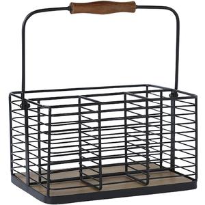 VANRA Utensil Holder Kitchen Condiment Organizer Utensil Caddy Storage Basket Organizer Metal Flatware Caddy with Wood Handle, Black