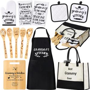13 Pcs Mother's Day Grammy Kitchen Gifts Set Includes 1 Apron 1 Tote Bag 1 Cutting Board 2 Tea Towels 1 Oven Mitt 2 Pot Holders 5 Bamboo Kitchen Cooking Spatulas for Mothers Day Birthday