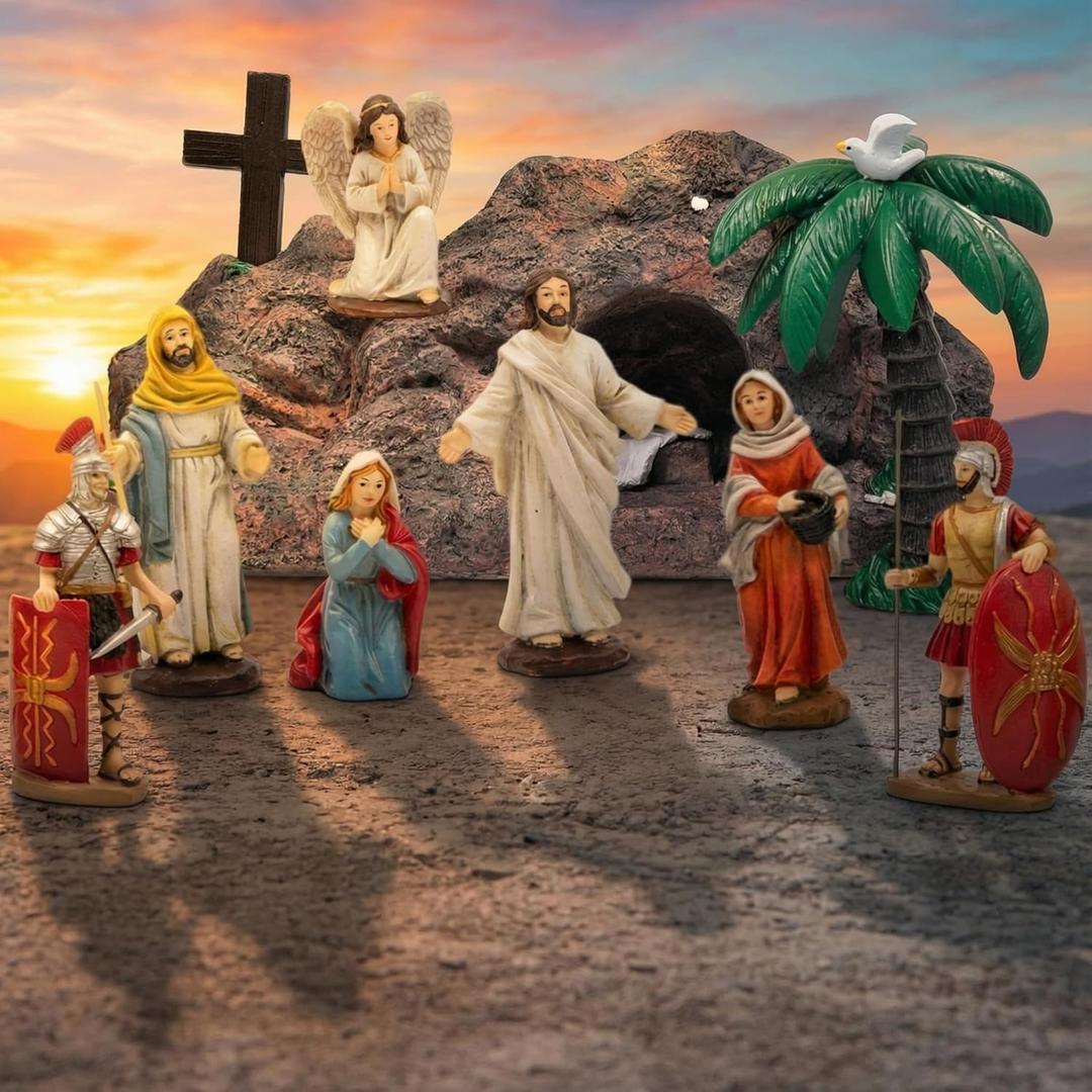 RattanView 10 Pcs Lighted Easter Resurrection Scene Set Light up Jesus Tomb Nativity Scene Resin Figurines Spring Christian Home Figurine Easter Gifts for Religious Home Office Tabletop Gift