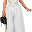 DINGANG Elegant Strapless Jumpsuit for Womens Dressy Off Shoulder Tube Top Button Wide Leg Romper Size L White