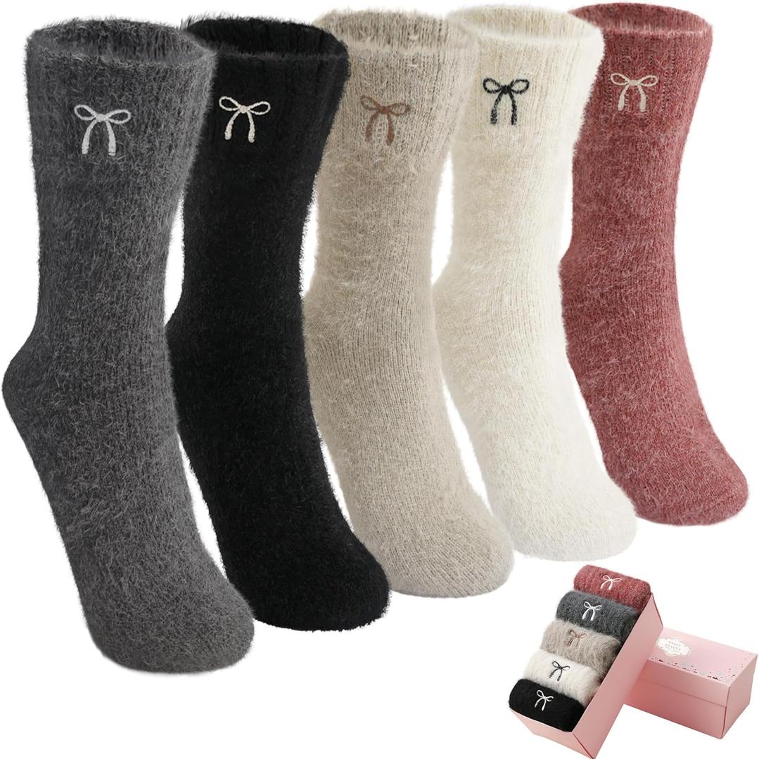 5 Pairs Fuzzy Soft Cozy Comfortable Socks for Women, Casual Sleep Comfy Socks, Perfect Warm Winter Gifts for Women (Solid Color-bow)