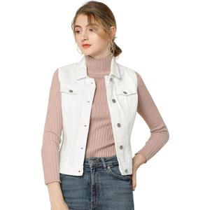 Allegra K Women's Buttoned Washed Denim Vest Jacket W Chest Flap Pockets (Large)