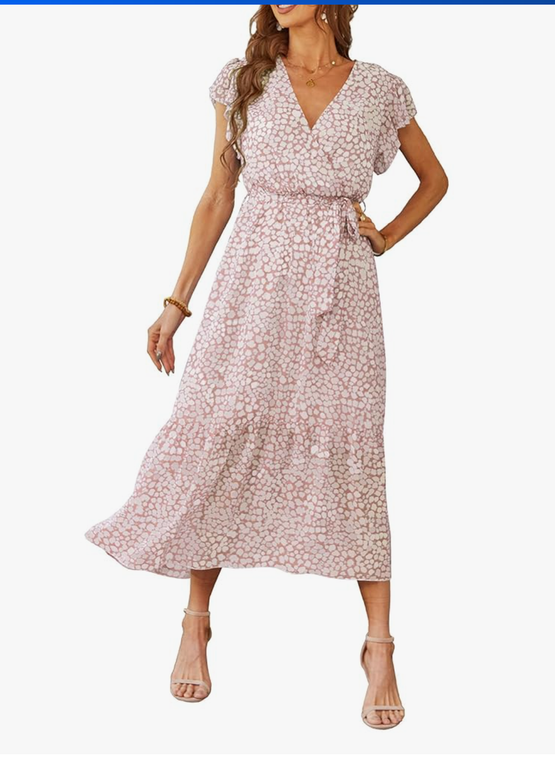 Women's Summer Floral Boho Maxi Dress Wrap Short Sleeve V Neck Ruffle A-Line Flowy Wedding Guest Long Dresses