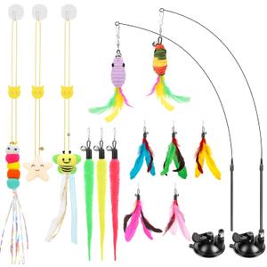 Atosun Interactive Cat Toys, 15PCS Cat Wand and Feather Toys for Indoor Cats, Reusable Suction Cup Toys for Kittens Play Exercise
