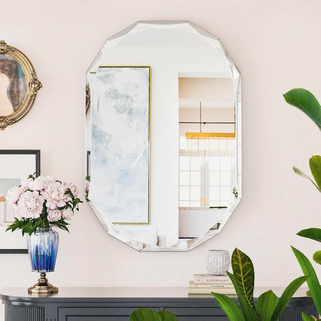 Suidia Bathroom Mirror, 20"x 28" Wall Mirror, Frameless Bathroom Mirror with Beveled Edge for Bedroom, Living Room, Entryway, Hallway, Oval Shape