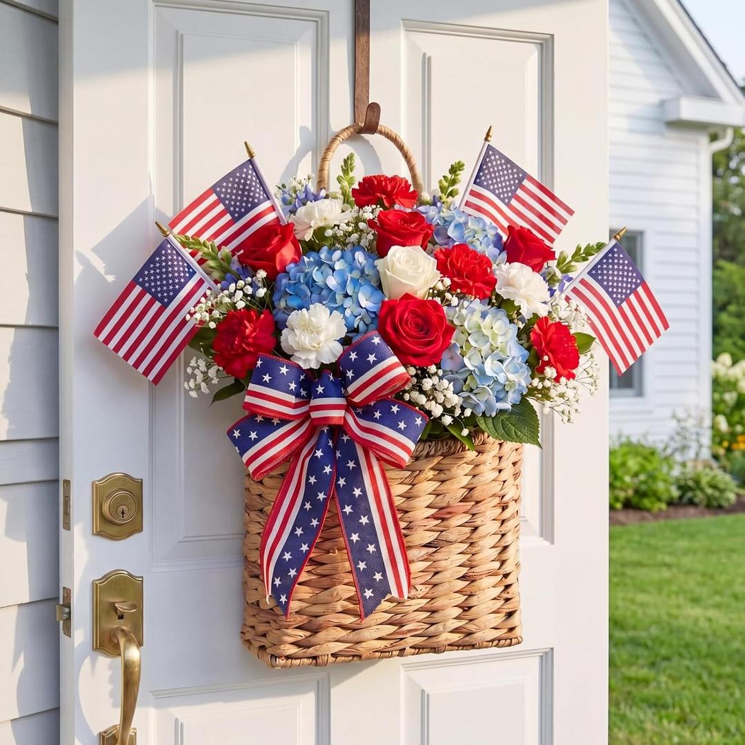 Patriotic Woven Hanging Basket Decor 4th of July Front Door Basket with American Stick Flag Star Stripe Ribbon Hanging Flower Arrangement for Independence Day Farmhouse Garden(Flower Not Included)