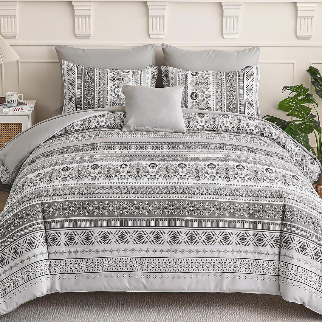 Boho Comforter Set King Size 8 Piece, Bohemian Bedding Set with Floral & Paisley Print, Light Grey Boho Quilt Set Include Sheets, Pillowcases, Soft Microfiber Bohemian Bed in a Bag for Bedroom, Dorm