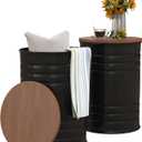 HOMCOM Nesting End Table Set of 2, Round Storage Ottoman Stool with Removable Wood Lid, Metal Frame & Hidden Space, Farmhouse Side Table for Living Room, Black