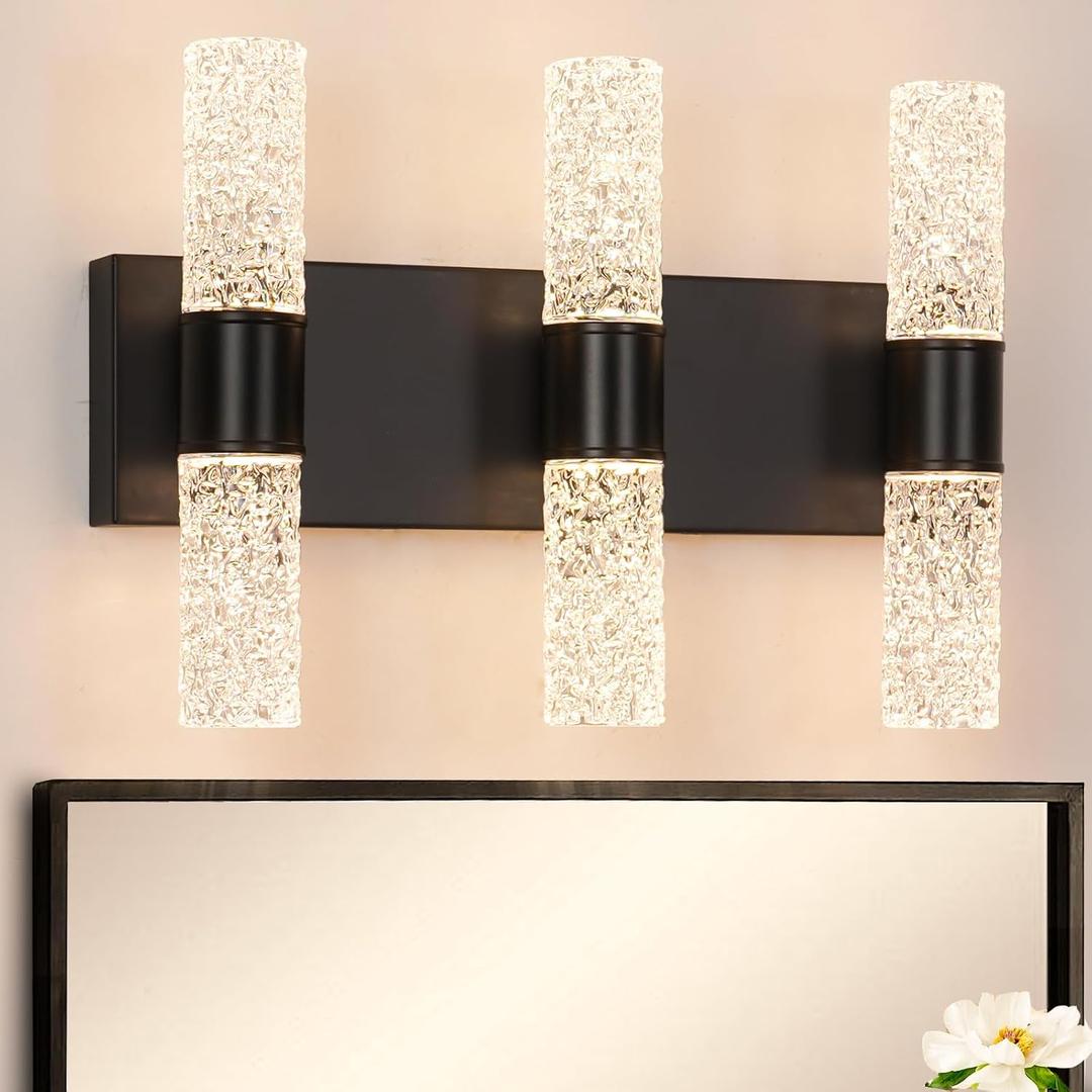 Modern Vanity Light, 6-light Black LED Vanity Light Fixture, Crystal Bathroom Lighting Fixtures over Mirror, Wall Lighting Fixtures for Bath, Wall Sconce for Bedroom Living Room, 27W Warm White