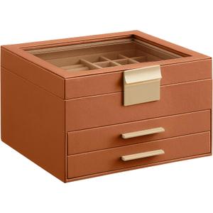 SONGMICS GISELLA Collection - Jewelry Box Organizer, 3-Layer Jewelry Storage with 2 Drawers, Shiny Metal Hardware, Glass Lid, Modern, 8 x 9.1 x 5.3 Inches, Caramel Brown and Gold Color UJBC239K01