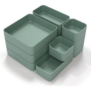 CHANCETSUI 11-Piece Stackable Drawer Organizer Set, Multi-size Desk Drawer Organizer Trays Vanity Storage Bins for Storing Makeup, Stationery, Utensils in Bathroom Dresser, Office and Kitchen (Green)