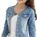 Women's Short Denim Jacket Round Neck Denim Three Quarter Sleeves Light Blue Jacket (Large Petite)