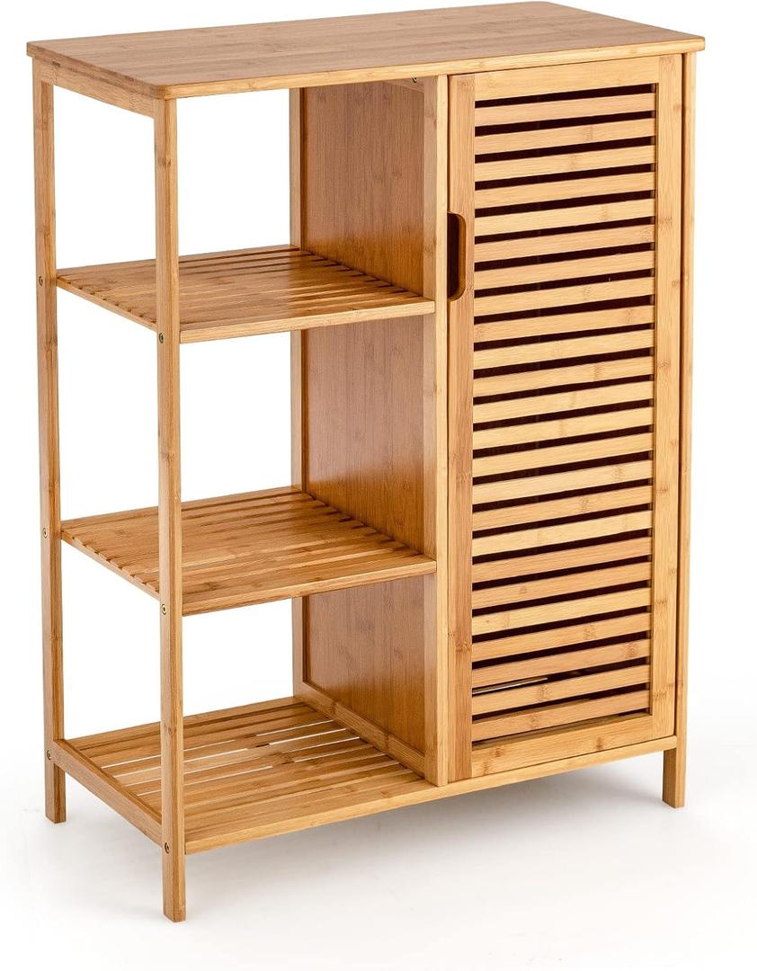 Tangkula Bamboo Bathroom Floor Cabinet, Storage Cabinet with Shutter Door and 3 Tier Shelves, Freestanding Bathroom Cabinet for Living Room Kitchen Hallway, Natural