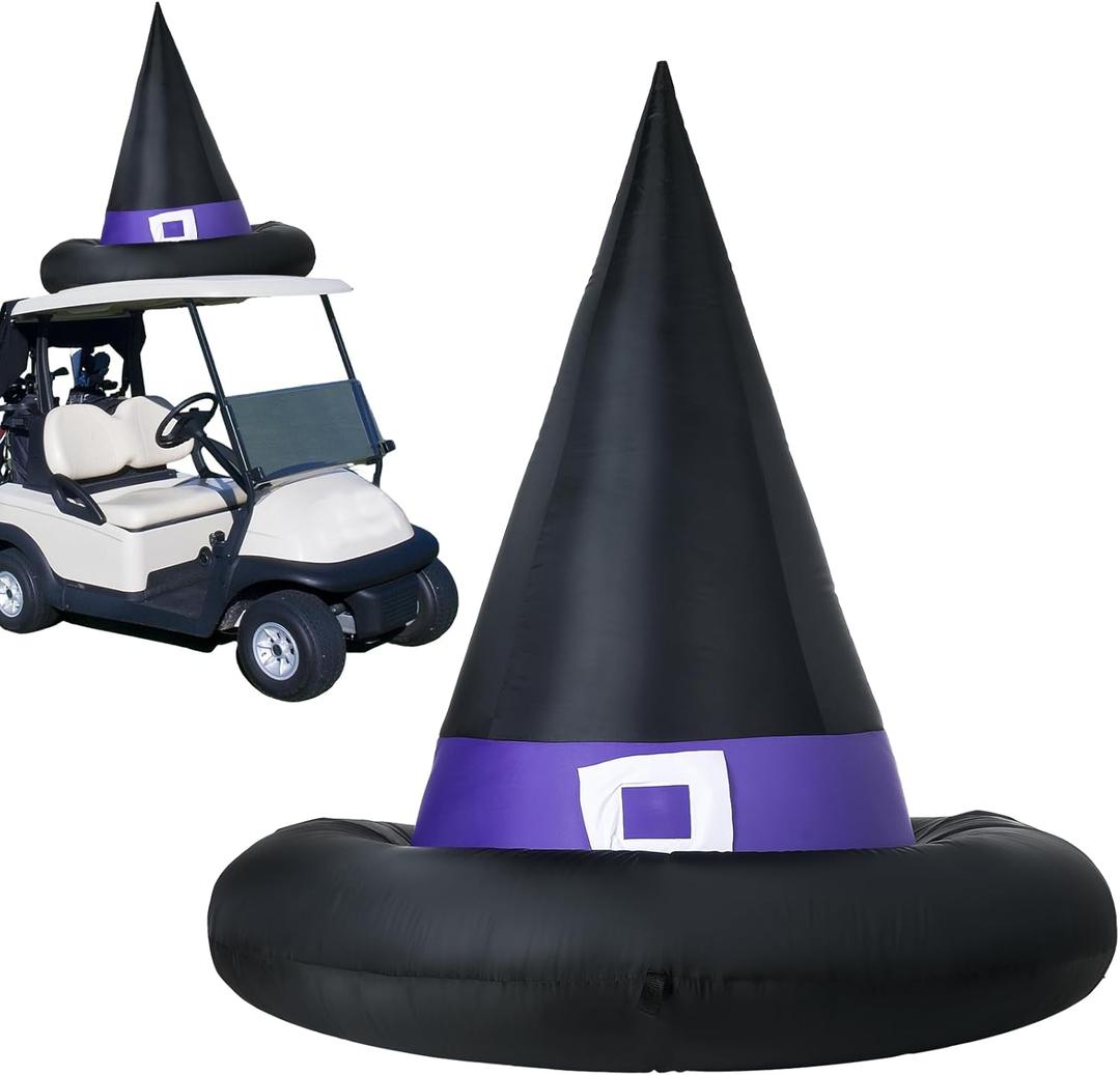 Leyndo 5 Pcs Halloween Inflatable Witch Hat Golf Cart Decoration Blow Ups Witch Hat for Golf Cart Decor with 2 LED Lights and 1 Power Cord for Halloween Holiday Yard Lawn Garden Decor(4ft)