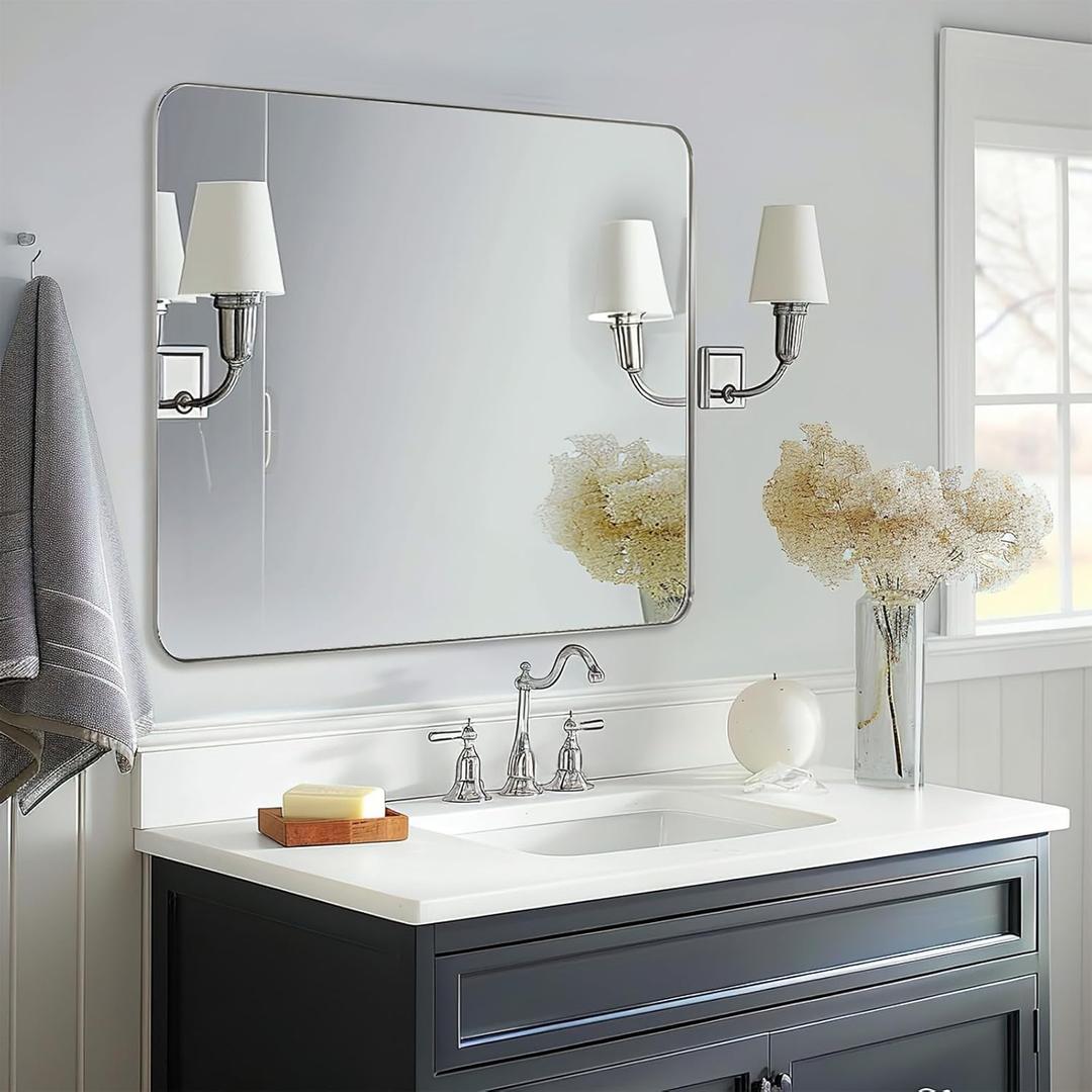 ANDY STAR 30x40Brushed Nickel Mirror for Bathroom, Rounded Rectangle Bathroom Mirror, Modern Metal Mirror in Premium Stainless Steel Frame, 1Deep Set Design Hangs Horizontal Or Vertical