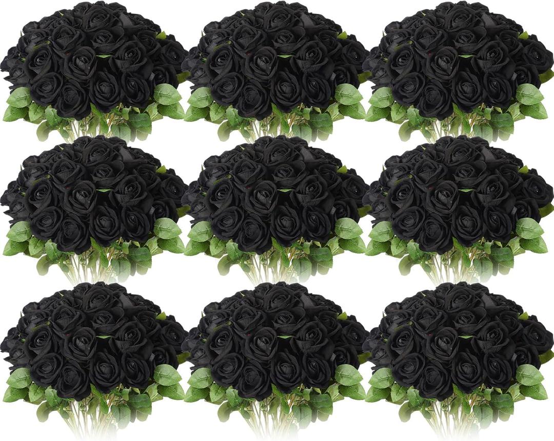 Jexine 100 Pieces Artificial Roses Flowers Bulk, Long Stem Realistic Fake Silk Roses Bouquet for Table Centerpiece Vases Wedding Party Home Kitchen Decor (Black)