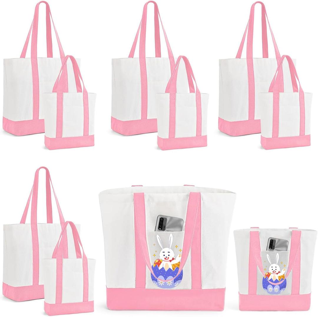 10Pcs Canvas Tote Bag Bulk with Outer Pocket, 12oz Cotton Blank Canvas Tote Bags 19 x 14.6Inch, 13 x 11Inch Reusable Grocery Bags Shopping Cloth Bags for Women, Mother's Day (5 Set Large & Medium)