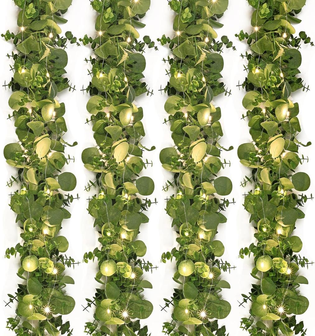 Dolicer 4 Packs 6FT Artificial Eucalyptus Garland with LED Light String, Faux Greenery Garland Hanging Fake Silver Dollar Eucalyptus Leaves Vines for Wedding Backdrop Arch Table Wall Party Home Decor