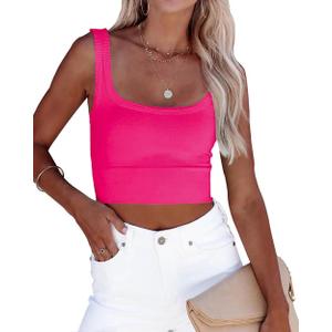 CYVESOULA Tank Top for Women Scoop Neck Sleeveless Crop Tops Chevron Ribbed Knit Crop Tank Top Fitted Soft Basic Cropped Tank (Small, Hot Pink)