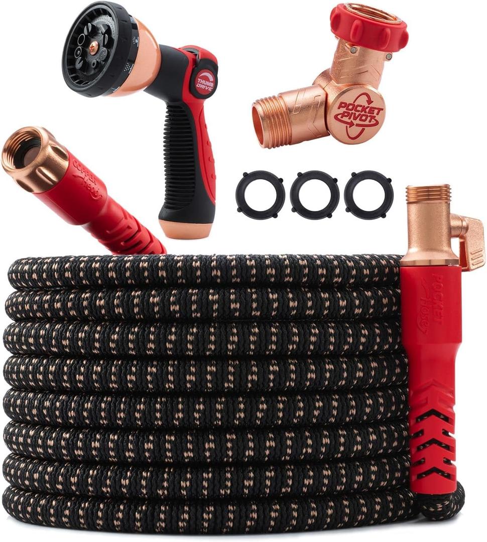 Pocket Hose 100 FT Copper Head Expandable Garden Hose with Pocket Pivot, No Tangles, AS SEEN ON TV, 360 Swivel, Tri-Tex Tubing, Force Field Jacket, Lead-Free, No-Kink, Anti-Burst w/APT