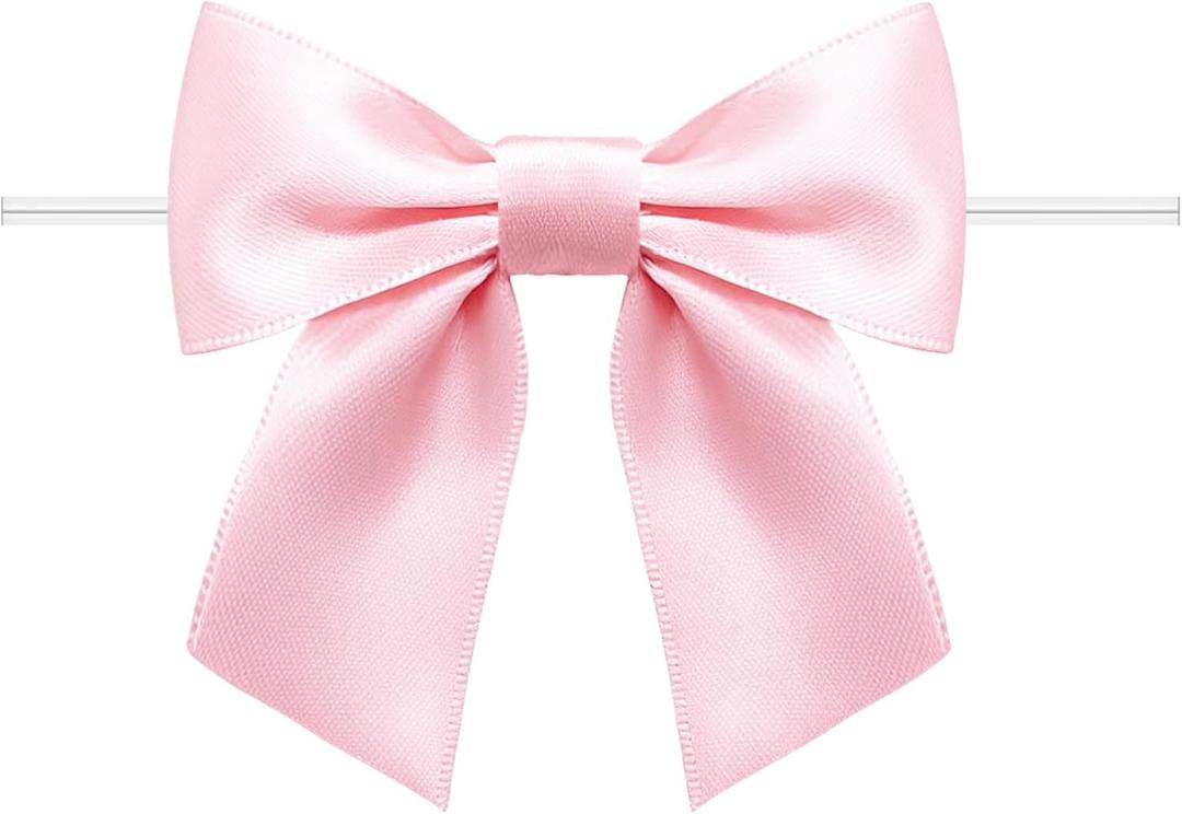 60 Pack Twist Tie Bows 3.3 Craft Bows Satin Ribbon Bow for Gift Wrapping, Treat Bags, Party Favors & Craft Decoration Light Pink
