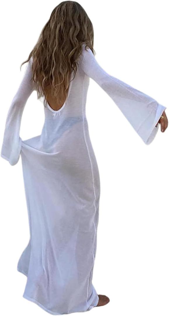 ZGMYC Women's Sexy Backless See Through Maxi Dress Bathing Suit Cover Up Knit Flared Long Sleeve Beach Dress Bikini Coverups (Medium, White)