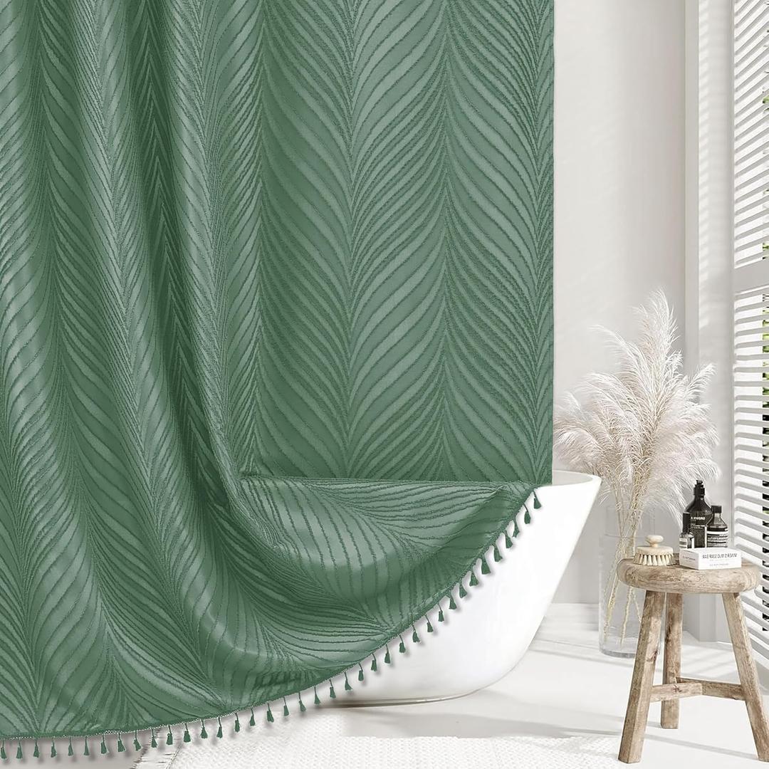 Siiluminisoy Extra Long Green Boho Shower Curtain, 72 x 84 Tufted Leaves Textured Striped Modern Farmhouse Minimalist Cloth Shower Curtain for Bathroom