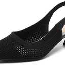 youngshow Womens Adjustable Slingback Heels, Pointed Toe Mid-Low Heel, Cute Knitted Slip On Work Pumps Dress Shoes (9, Black Suede)