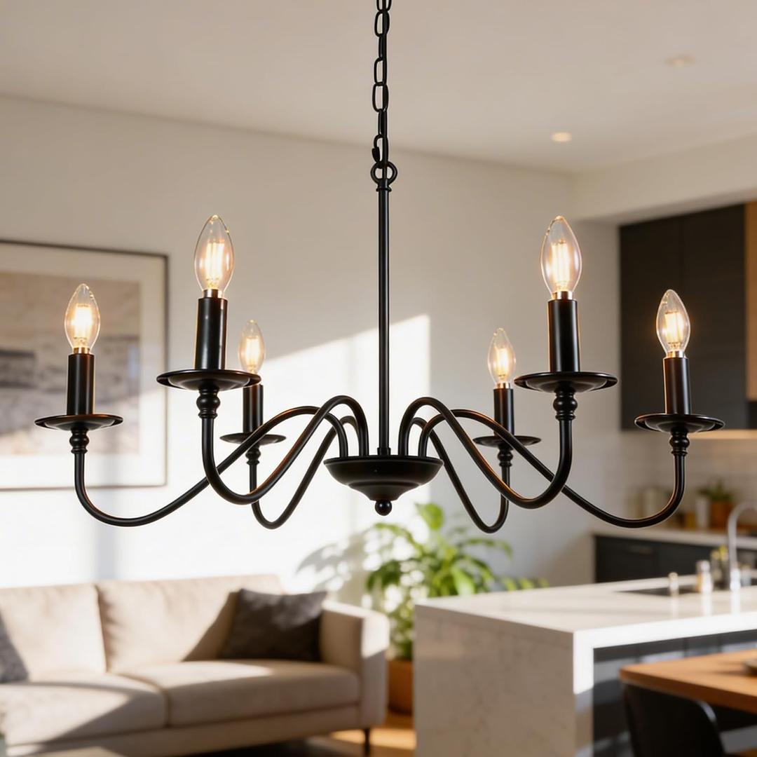 Rustic Farmhouse Candle Chandelier for Dining Room, 6-Light Rustic Black Iron Light Fixture with Classic S-Arm Design for Kitchen Island, Living Room, Foyer-Matte Black