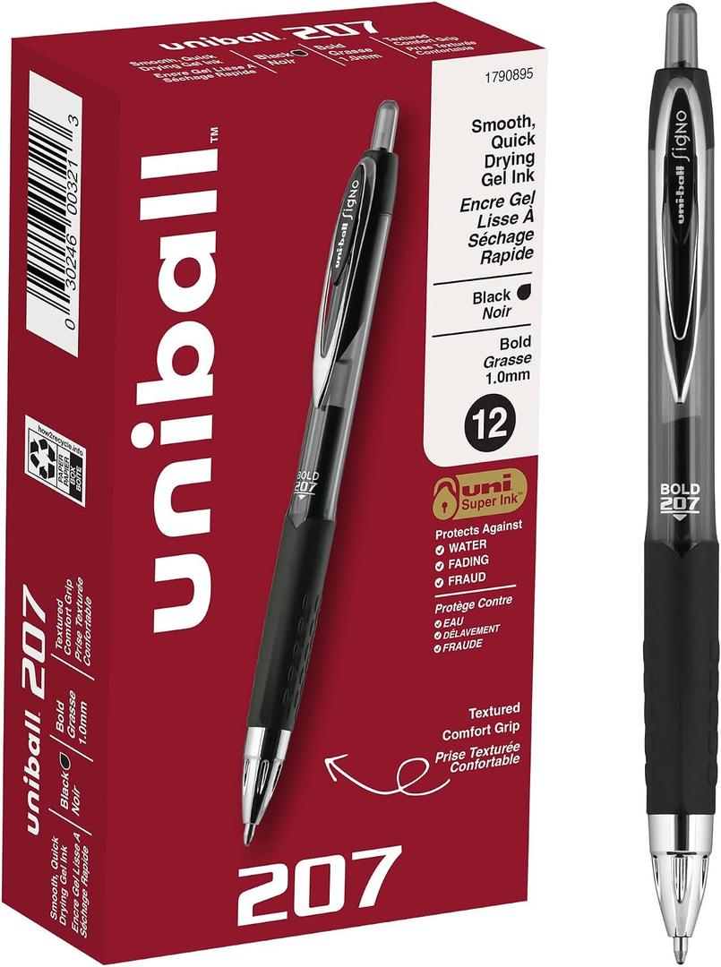 Uniball 207 Retractable Gel Pens, Bold Point (1.0mm), Black, 12 Pack