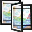 Kids Art Frames 8.5x11 Set of 2 - Front Opening Childrens Picture Frame Changeable, Wood Artwork Display Storage for Wall Mount, Magnetic Door Holds 50 Art Pieces for Drawings, 3D Picture, Crafts, Portfolio, Black