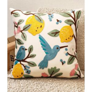 Embroidered Throw Pillow Cover 18x18 Inch - Summer Boho Decorative Pillow Cover with Zipper for Living Room Couch Sofa Bed Aesthetic Design Bird Lemon Linen Cushion Pillowcase