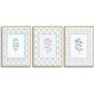 CHMMART 3 Piece Pastel Wildflower Framed Wall Art Nursery Floral Canvas Art Prints Pink Blue Botanical Pictures Wall Decor Boho Flower Painting Artwork for Bedroom Bathroom 12x16in