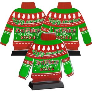 Soaoo 3 Pieces Ugly Christmas Sweater Trophy 6.7 Inch Acrylic Christmas Sweater Party Trophy Award 1st 2nd and 3rd Place Trophy Funny Trophy for Adults